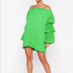 Pleated Puff Sleeve Bardot Mini Dress